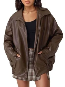 Womens Faux Suede Fall Motorcycle Brown Oversized Leather Jacket