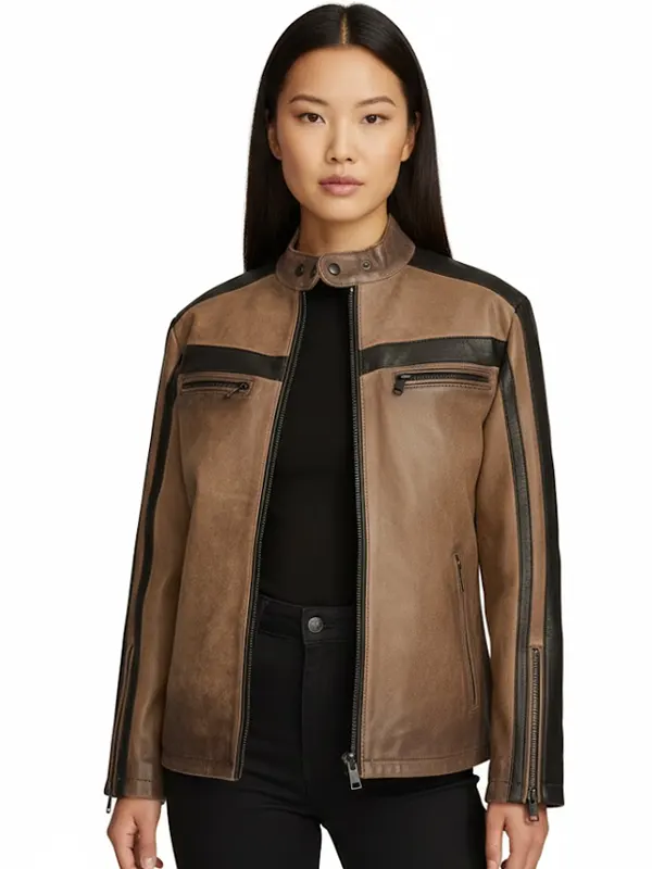 Jade Cognac Two Tone Racer Leather Jacket