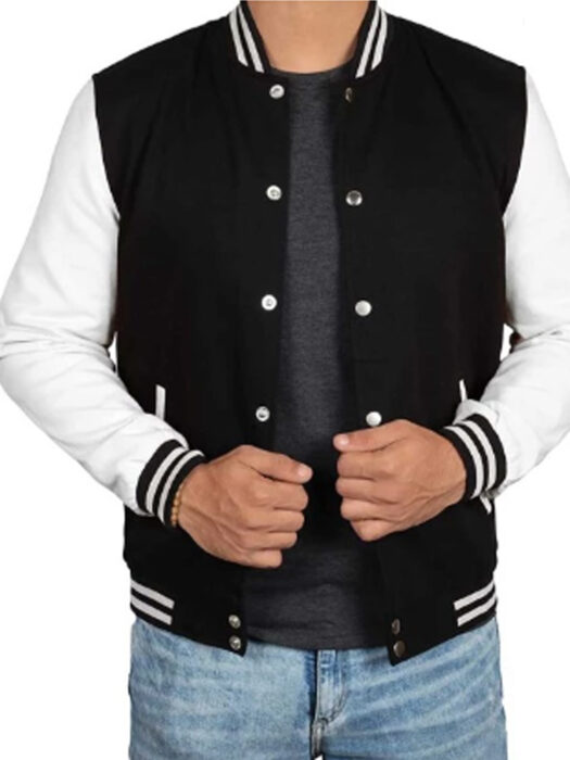 Mens Black and White Bomber Varsity Jacket