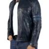 Mens Distressed Blue Biker Leather Jacket