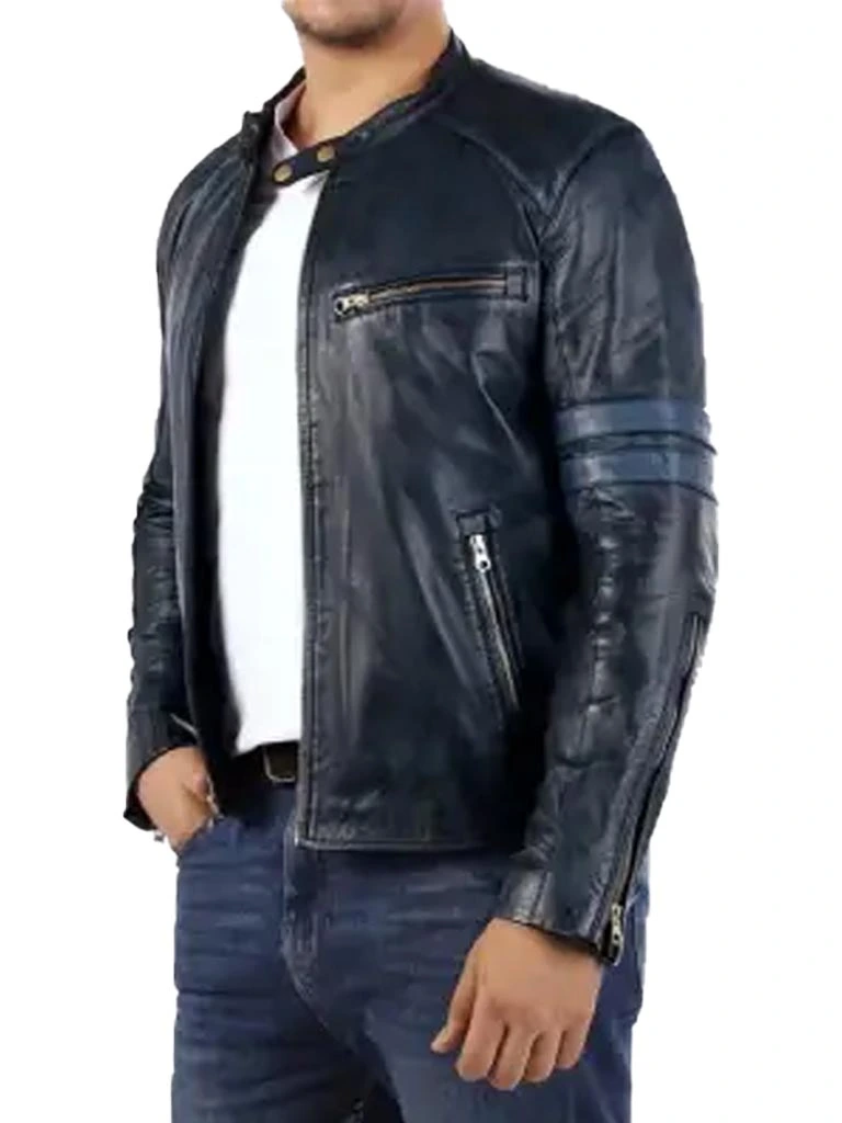 Mens Distressed Blue Biker Leather Jacket