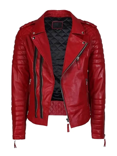 Men`s Stylish Lambskin Motorcycle Red Leather Jacket