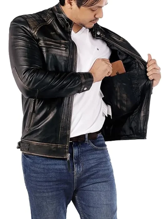 Signature Diamond Style Café Racer Leather Jacket Men