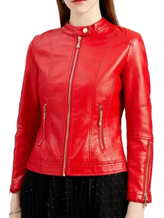 Women Red Quilted Cafe Racer Leather Jacket