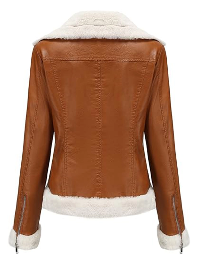 Women Tan Faux Leather Fur Jacket