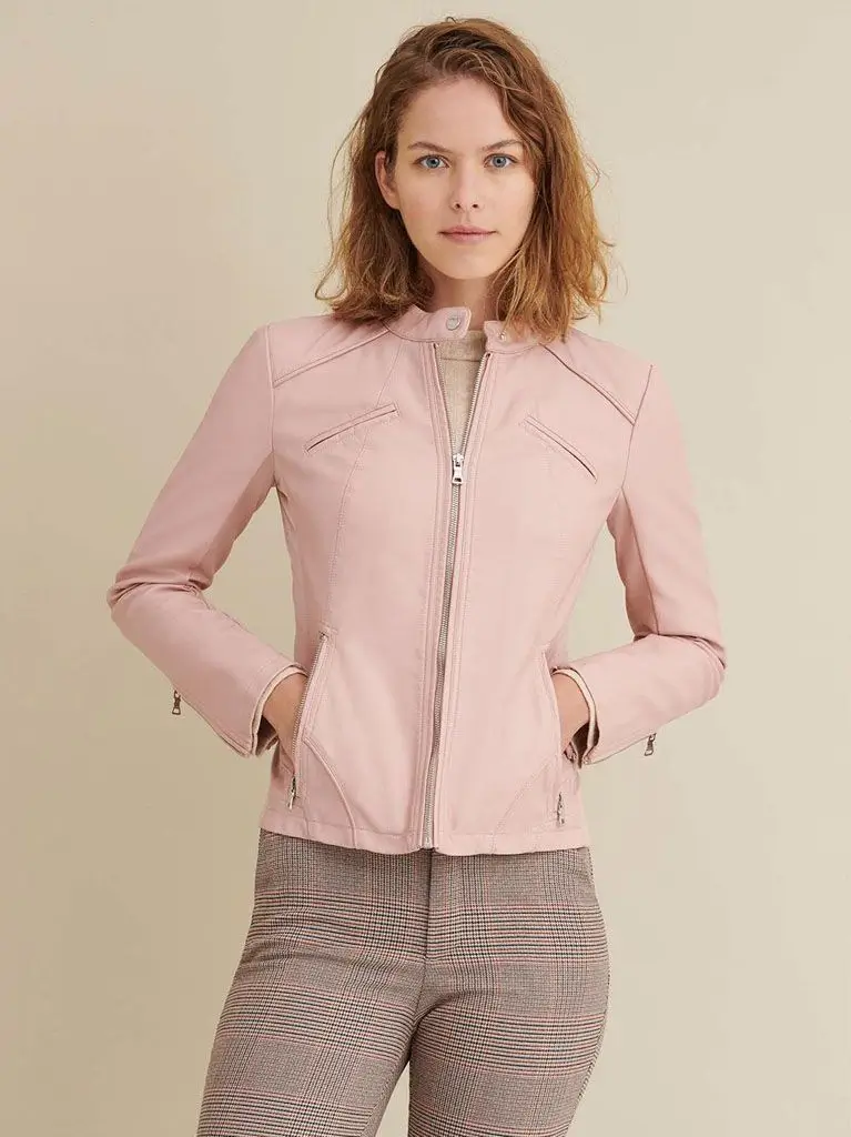 Women Baby Pink Leather Jacket Sheepskin Biker