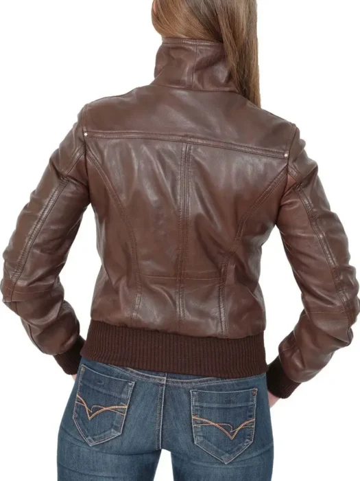 Women Back Brown Bomber Leather Jacket