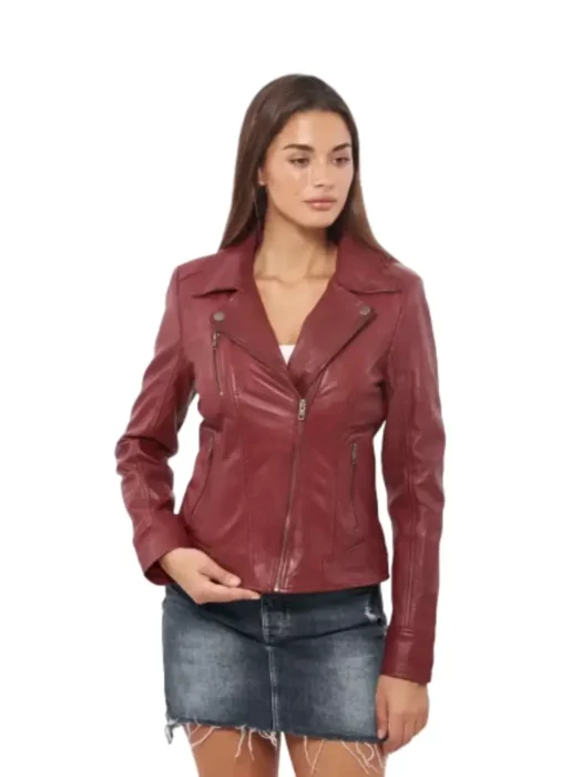 Womens Biker Dark Red Leather Jacket