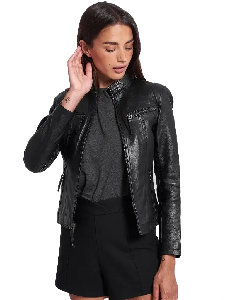 Womens Black Cafe Racer Leather Jacket