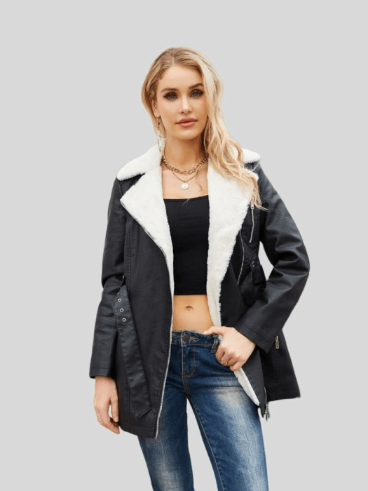 Womens Black Coat Faux Fur Leather