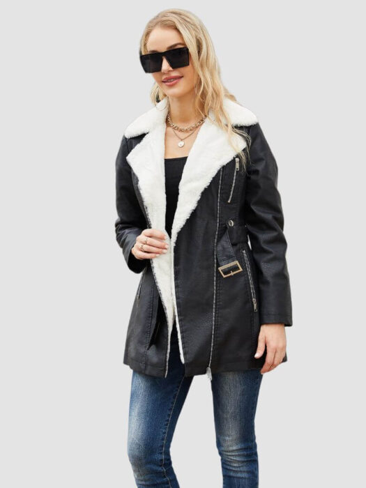 Womens Black Coat Faux Fur Leather Front Open