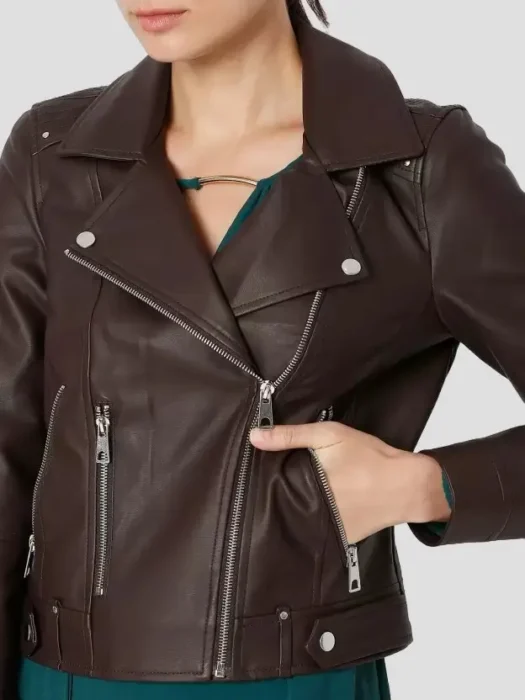 Womens Brown Leather Biker Jacket Closer