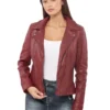 Womens Dark Red Biker Leather Jacket