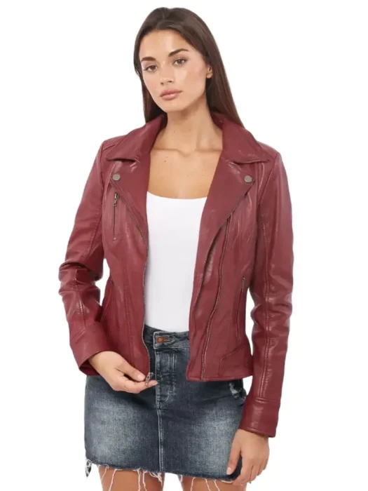 Womens Dark Red Biker Leather Jacket