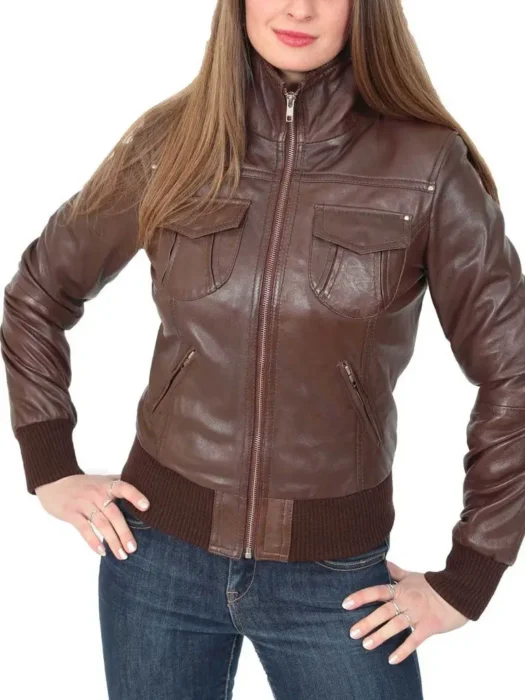 Women Front Brown Bomber Leather Jacket