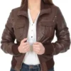 Women Open Brown Bomber Leather Jacket