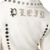 embellished white eyelet biker leather jacket