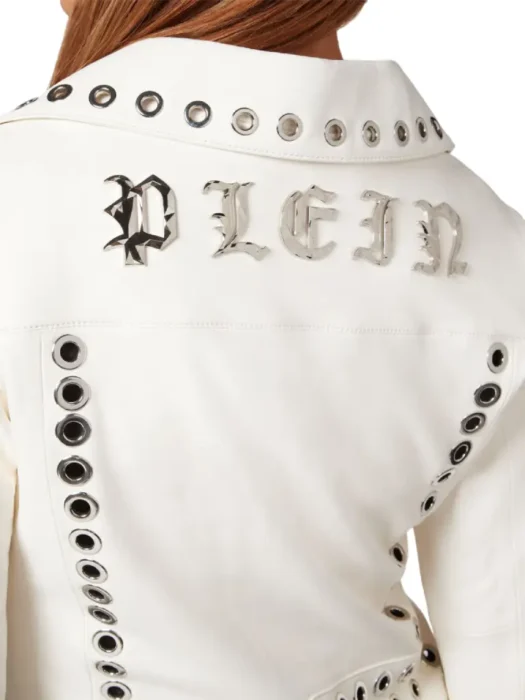 embellished white eyelet biker leather jacket