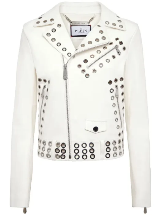 women eyelet embellished leather biker jacket