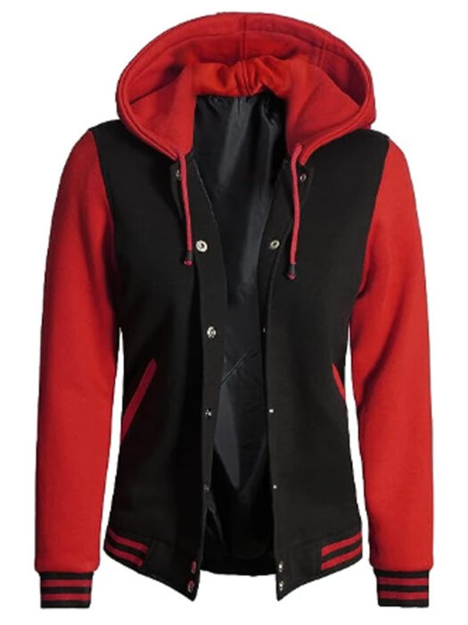 womens Red and Black Varsity Letterman Hooded Jacket