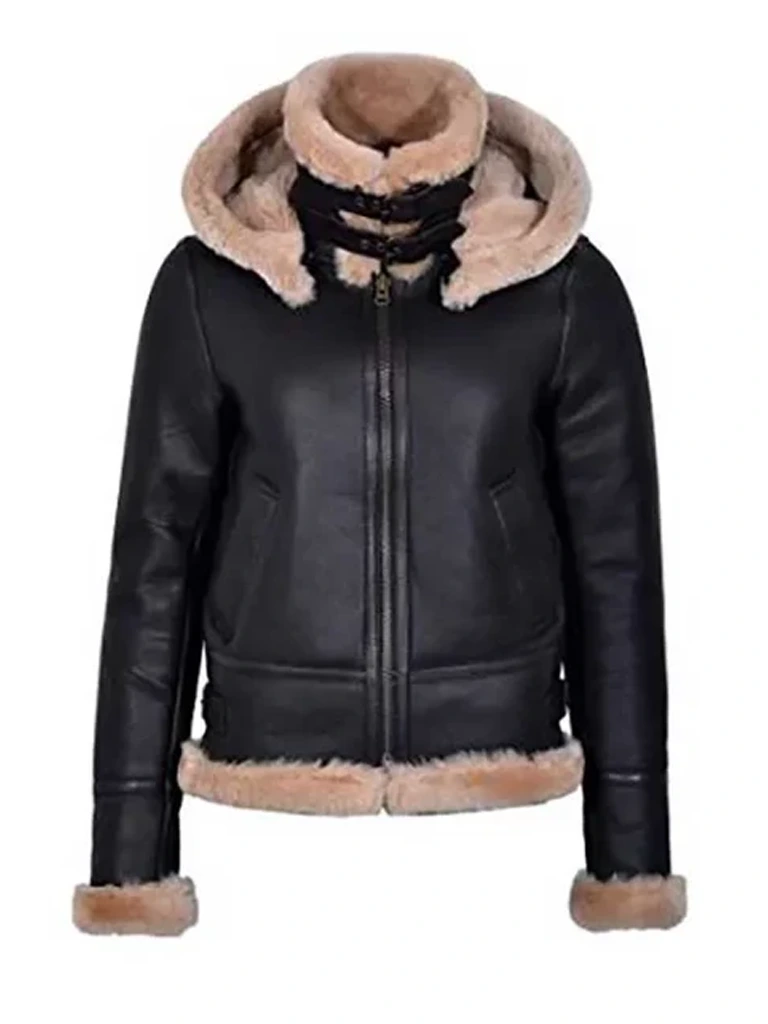 Black Aviator Leather Fur Hooded Jacket