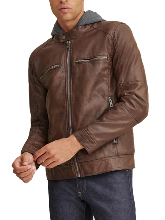 Brown Faux Leather Jacket With Hood