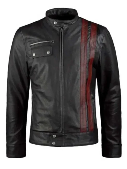 Men Black Biker Leather Jacket With Red Stripes