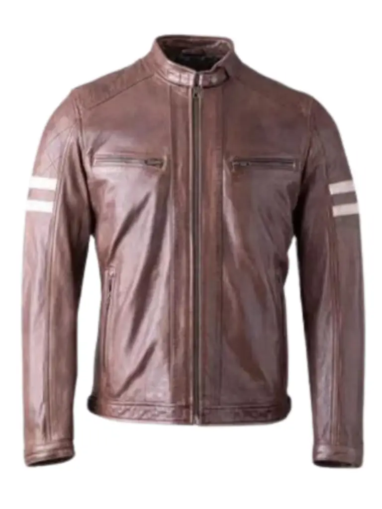 Men cream stripes cafe racer leather jacket