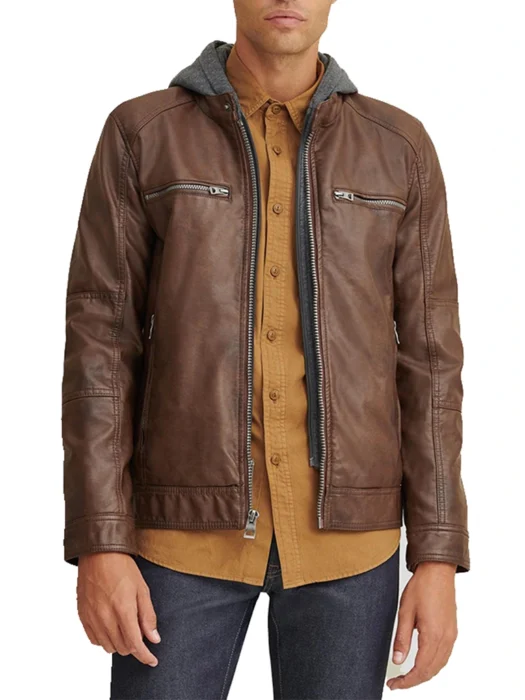 Mens Brown Faux Leather Jacket With Hood