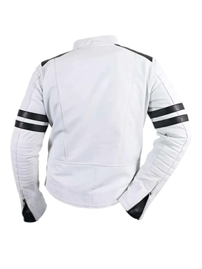 Mens Black Striped Cafe Racer White Leather Jacket