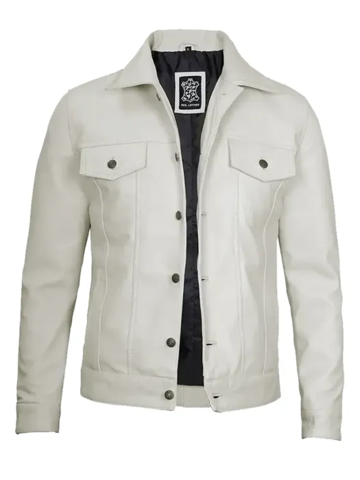 Mens Leather Trucker White Jacket