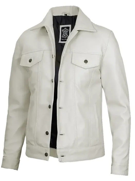 Mens Off White Trucker Leather Jacket