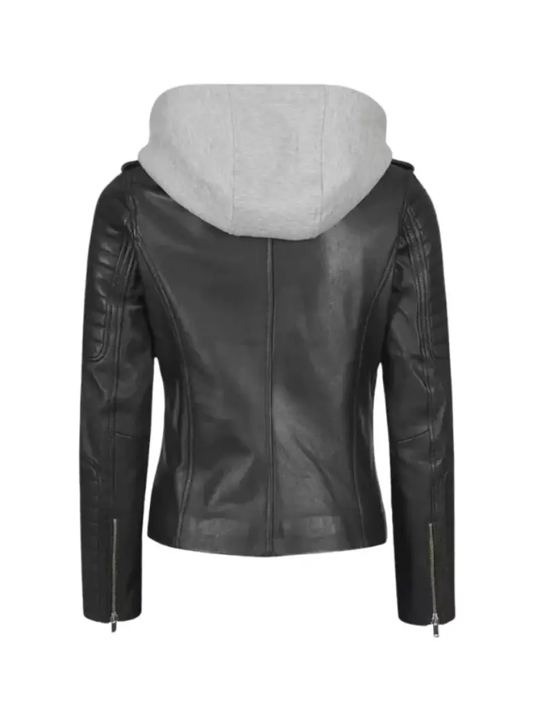 Women Black Hooded Leather Jacket