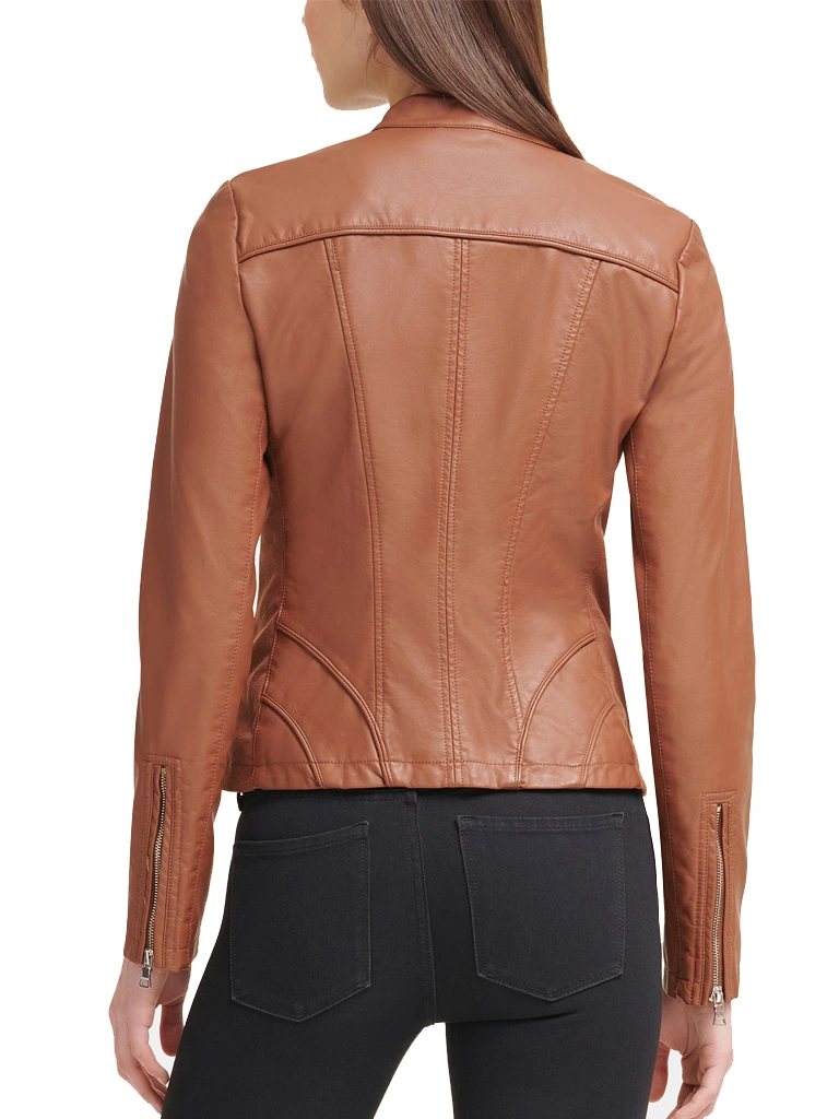 Women Brown Faux Brown Leather Scuba Jacket