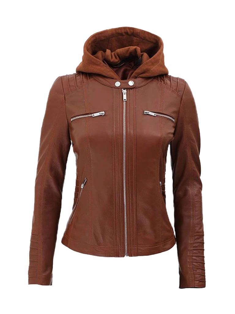 Womens Cafe Racer Detachable Leather Hooded Jacket