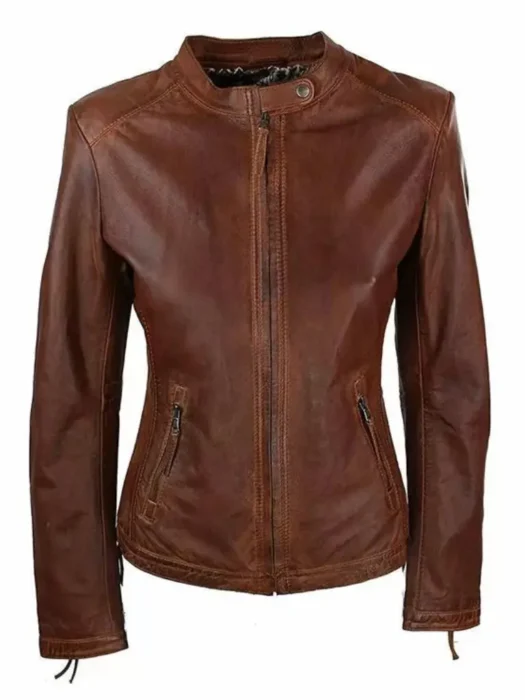 Womens brown cafe racer leather jacket