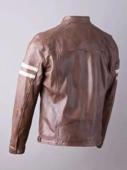 men brown cream stripes cafe racer leather jacket