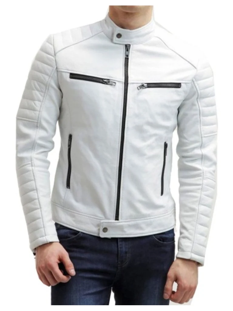 mens fjm007 padded design white leather biker jacket