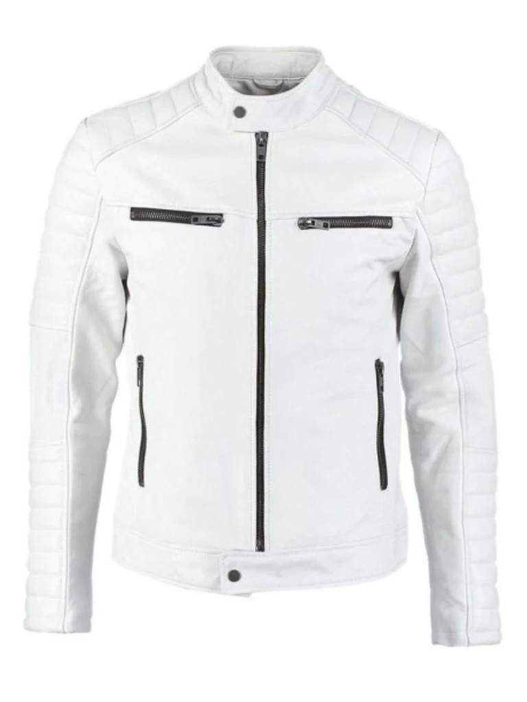 mens fjm007 padded white leather biker jacket