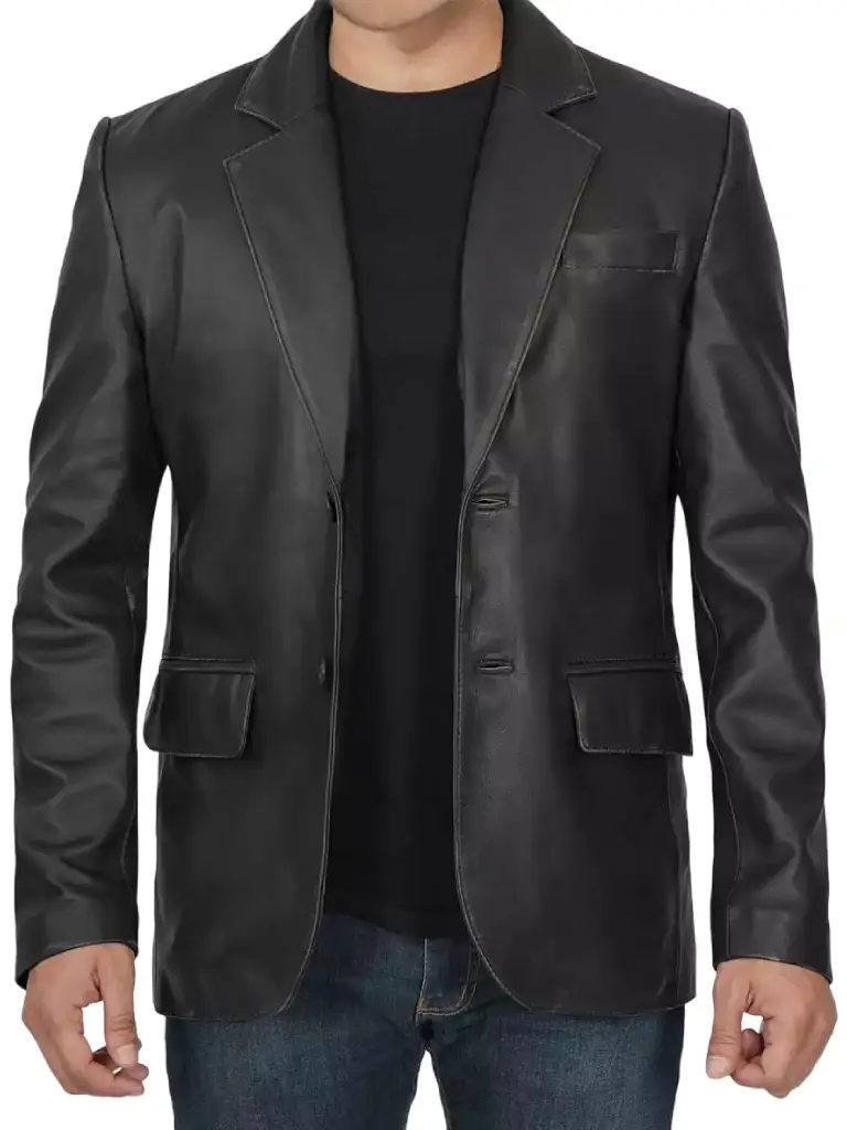 two button black leather blazer for men