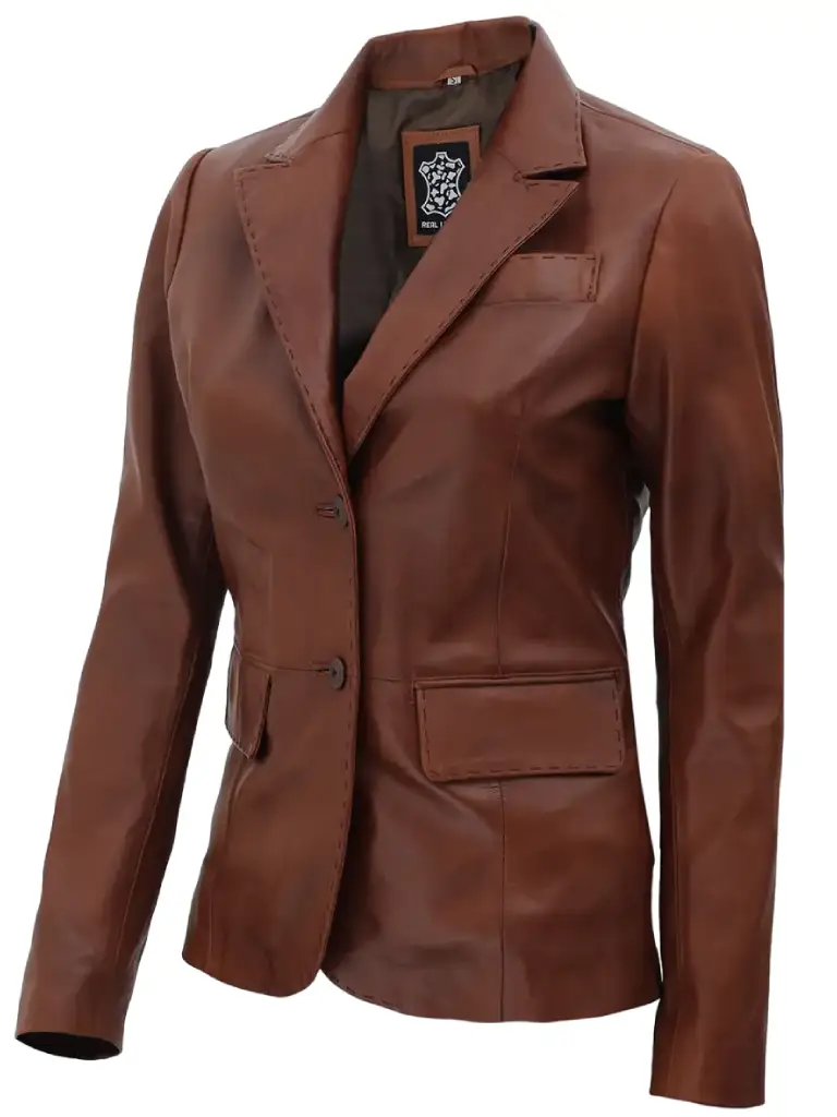 women 2 button tan leather blazer