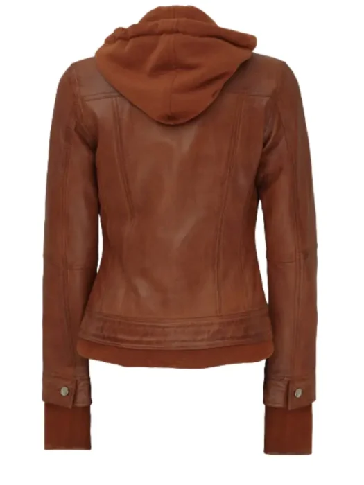 women Leather Hooded Bomber Jacket