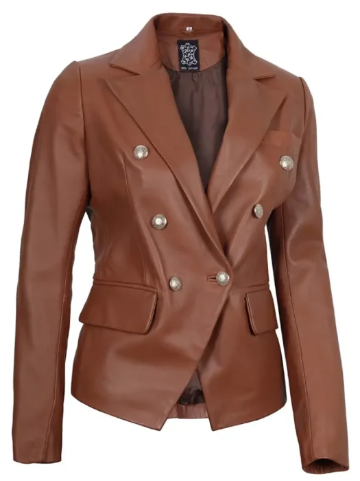 women brown leather blazer