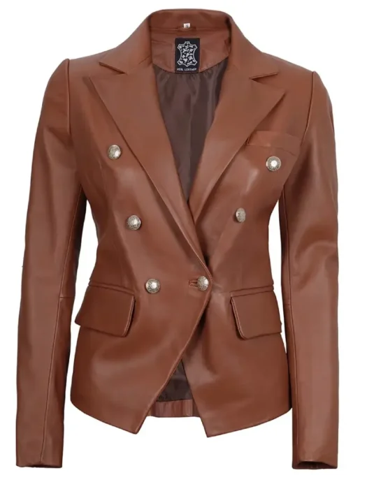 women double breasted leather blazer