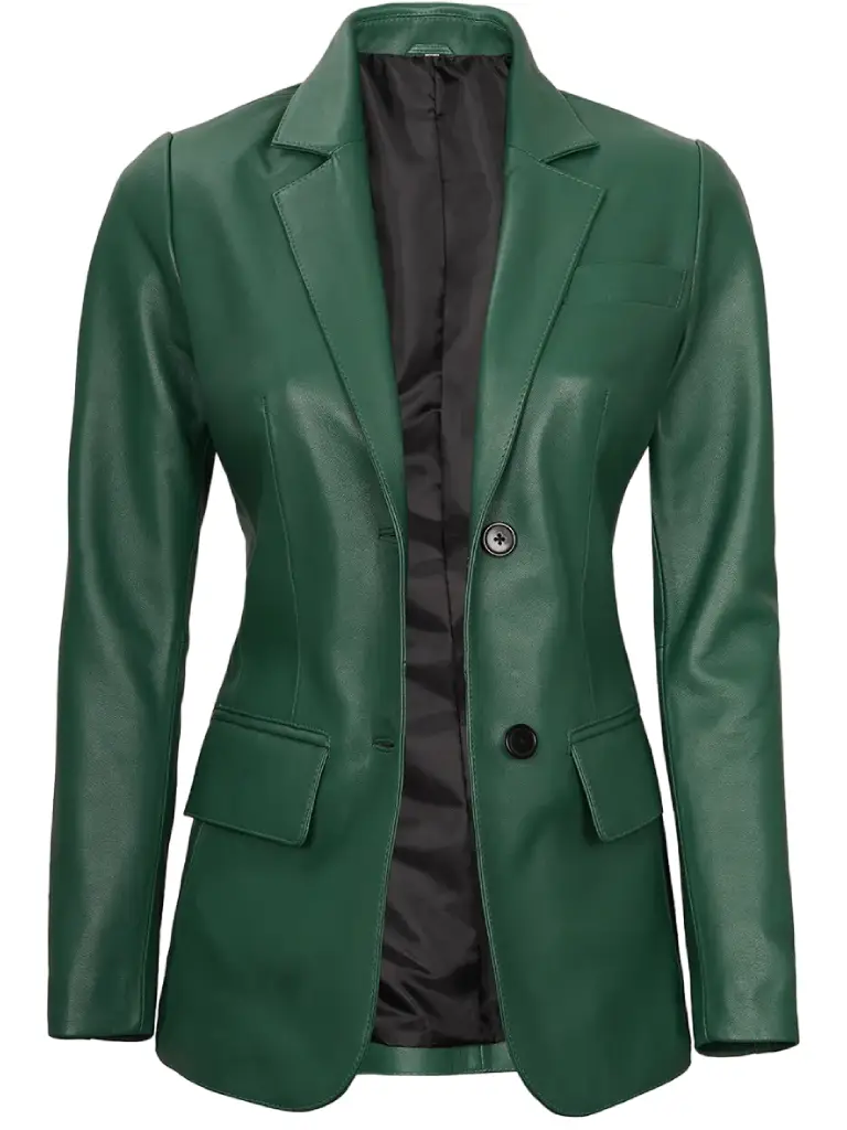 women two button green leather blazer