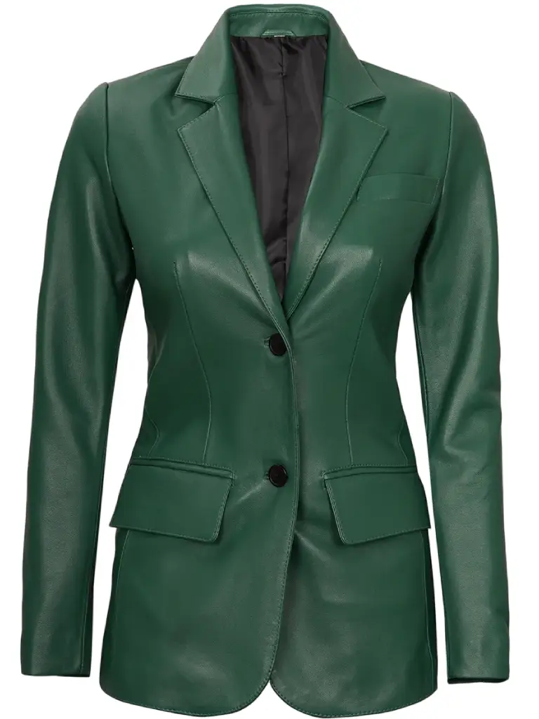 womens two button green leather blazer