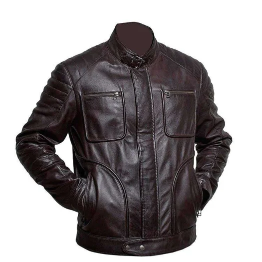 BROWN BIKER BELTED COLLAR CAFE RACER LEATHER JACKET - Copy