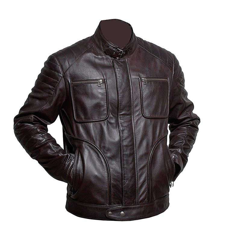 BROWN BIKER BELTED COLLAR CAFE RACER LEATHER JACKET – Copy