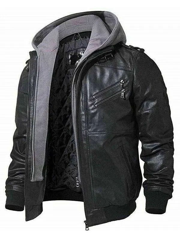 Biker Removable Hood Black Leather Jacket