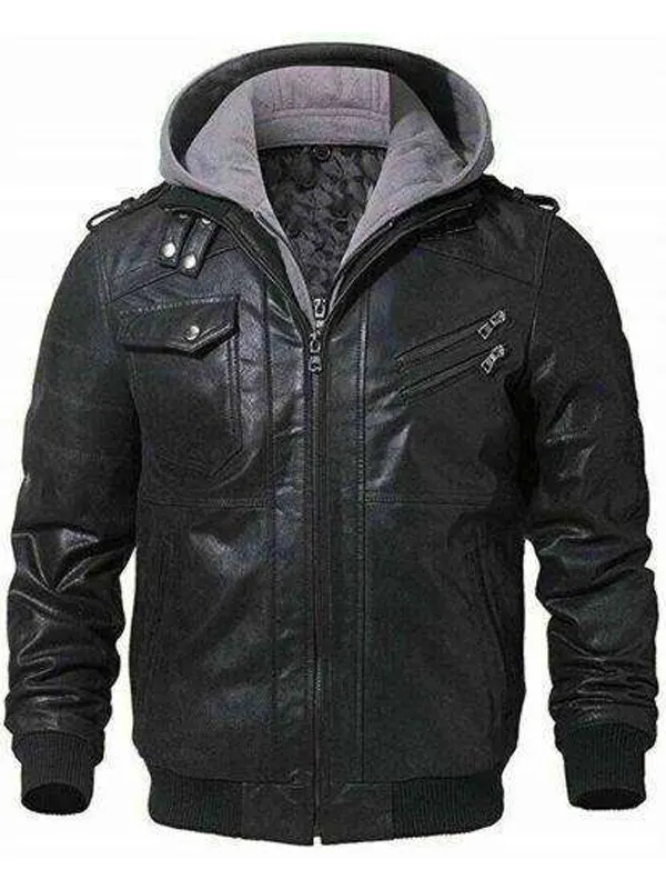Biker Removable Hood Leather Black Jacket